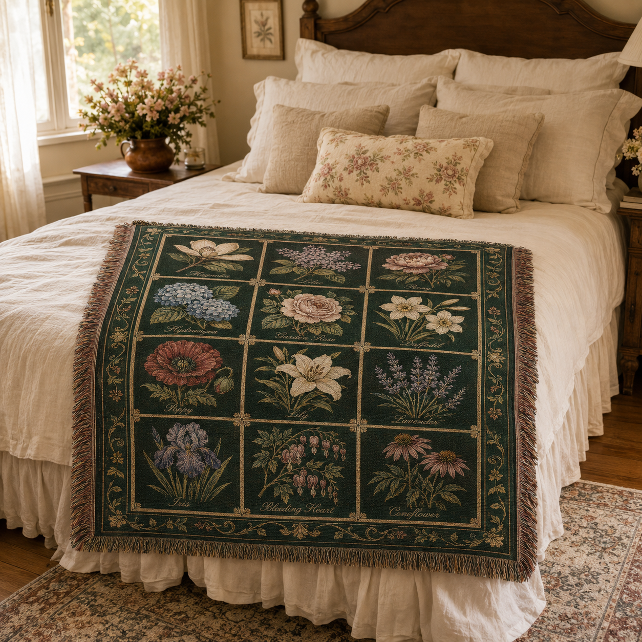 Vintage botanical woven blanket displayed at the foot of a cozy cottage bedroom bed