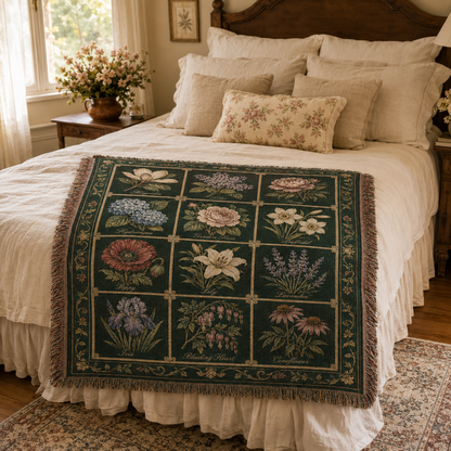 Vintage botanical woven blanket displayed at the foot of a cozy cottage bedroom bed