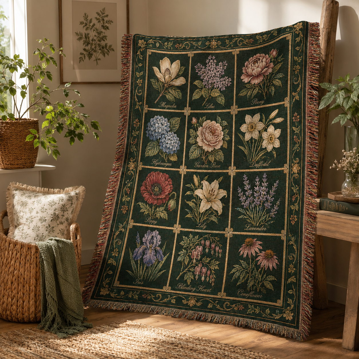 Vintage botanical flower chart blanket displayed in a sunlit home corner with plants
