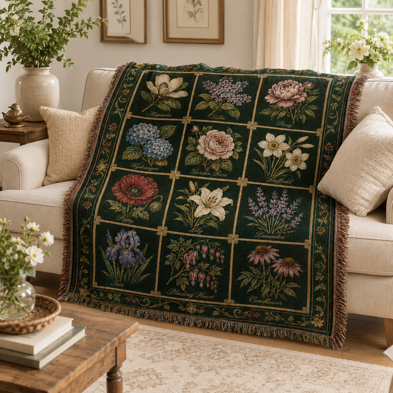 Botanical flower chart woven blanket styled on a cream sofa in a bright living room