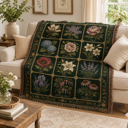 Botanical flower chart woven blanket styled on a cream sofa in a bright living room