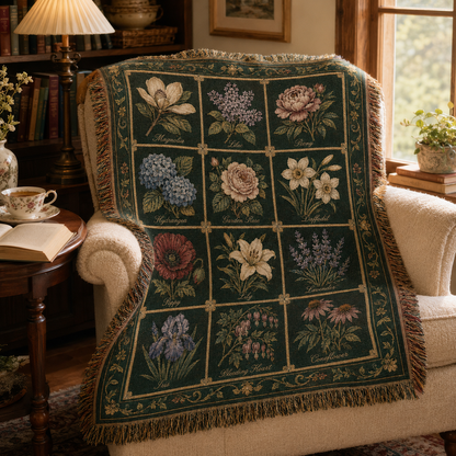 Botanical tapestry throw draped over a reading chair beside books and tea