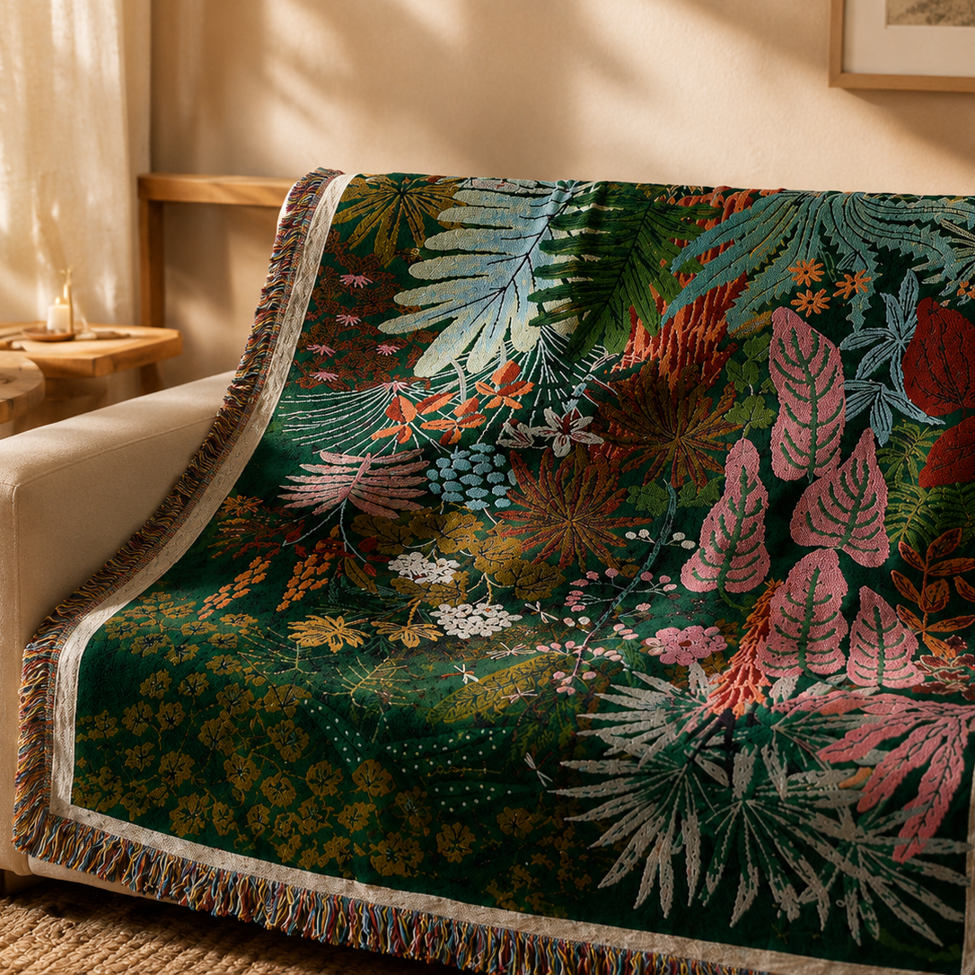 Tropical leaf woven blanket draped on a cozy sofa