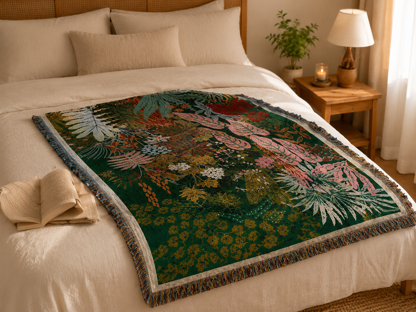 Botanical woven blanket displayed on a neutral bedroom bed