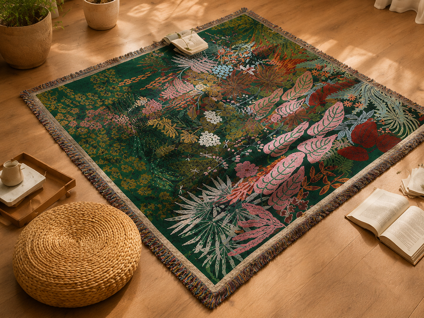 Botanical woven blanket flat lay on a warm wood floor