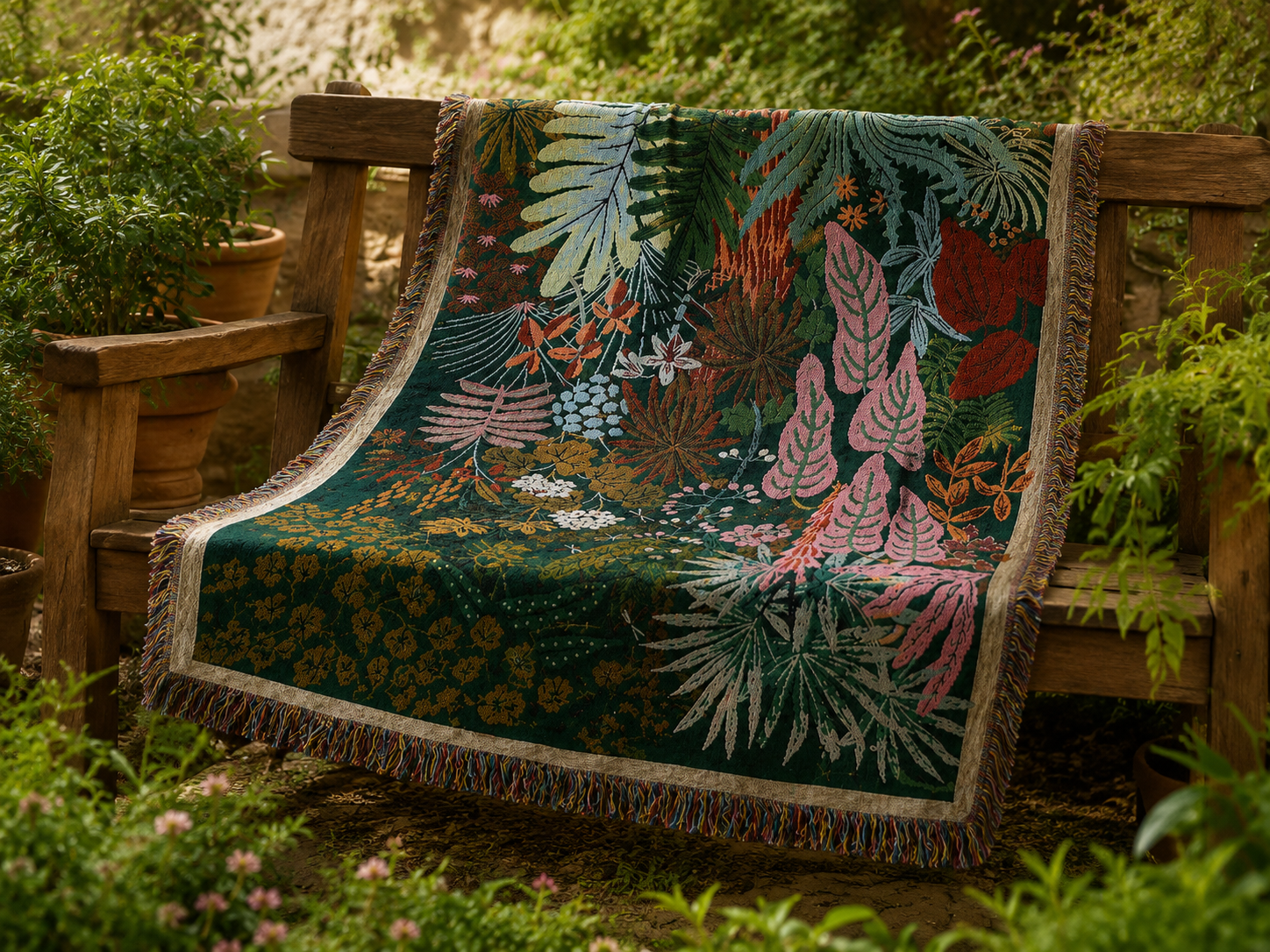 Tropical leaf woven blanket styled on an outdoor garden bench