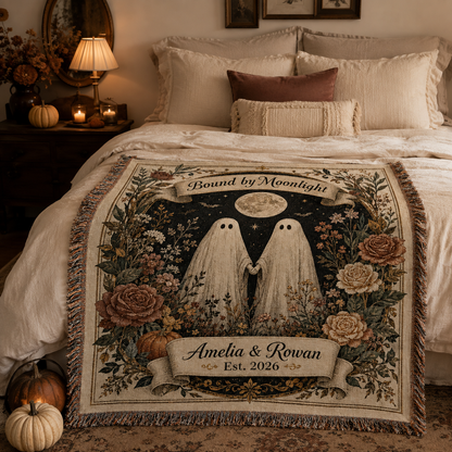 Custom ghost couple Halloween woven blanket displayed across a romantic autumn bedroom bed