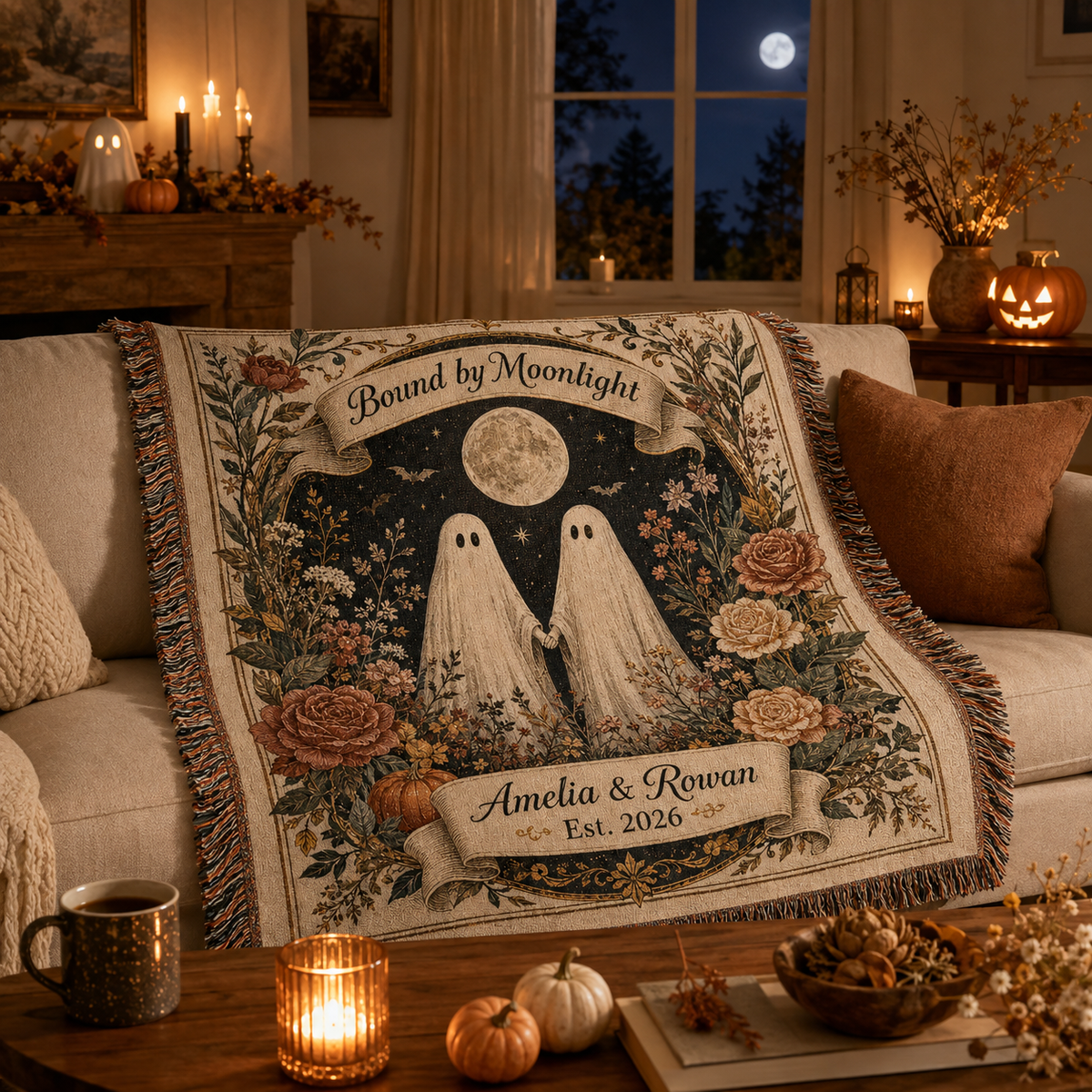 Personalized ghost couple woven blanket styled in a cozy Halloween living room