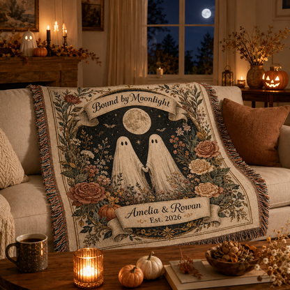 Personalized ghost couple woven blanket styled in a cozy Halloween living room
