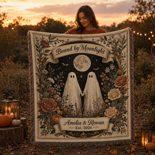 Woman displaying personalized Bound by Moonlight ghost couple Halloween woven blanket outdoors