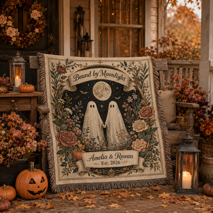Personalized Bound by Moonlight ghost woven blanket displayed on an autumn Halloween porch