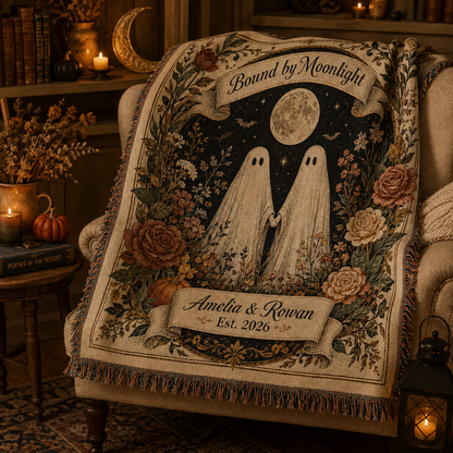 Custom names ghost couple woven blanket styled in a candlelit Halloween reading nook