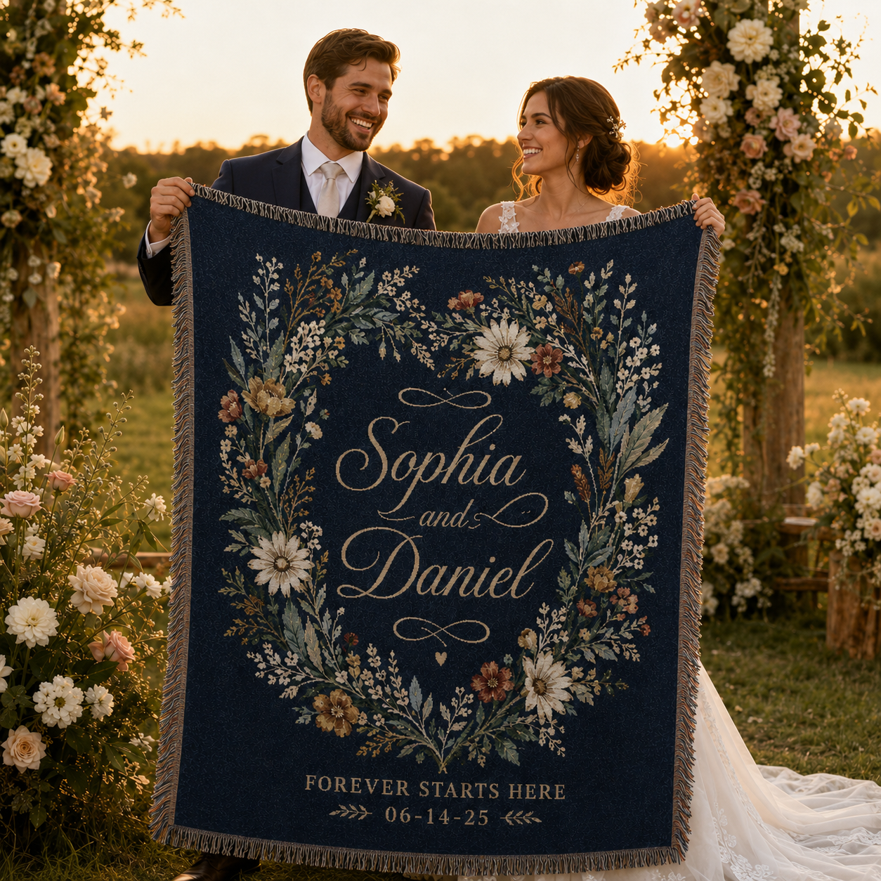 Smiling bride and groom holding a personalized wedding woven blanket