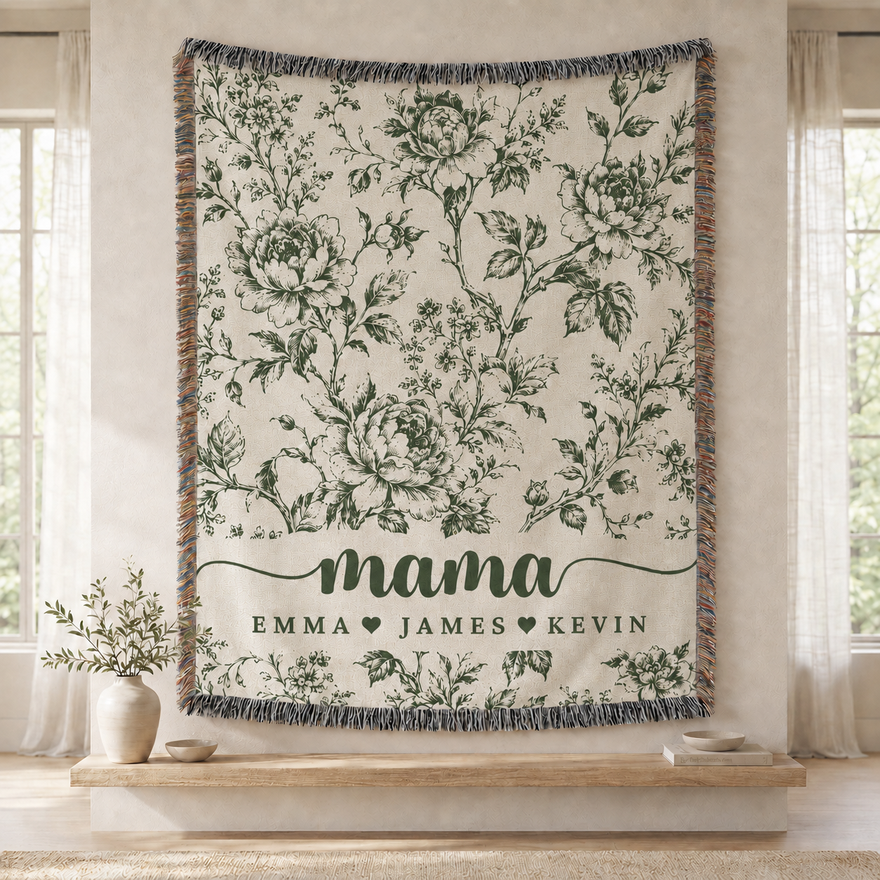Mama Woven Blanket, Custom Blue Floral Toile Throw with Kids' Names