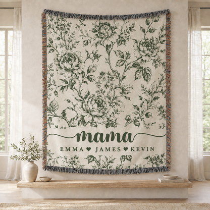 Mama Woven Blanket, Custom Blue Floral Toile Throw with Kids' Names