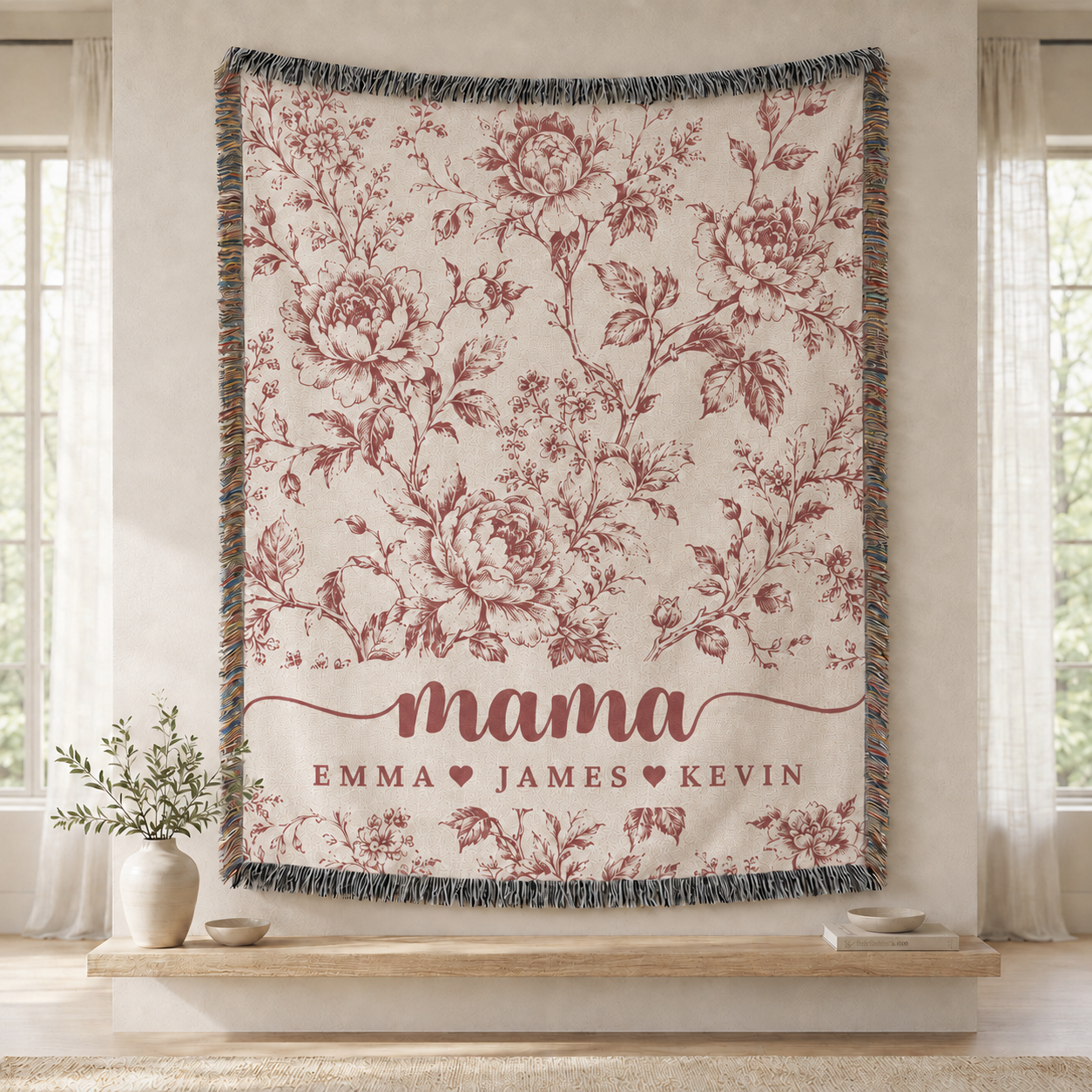 Mama Woven Blanket, Custom Blue Floral Toile Throw with Kids' Names