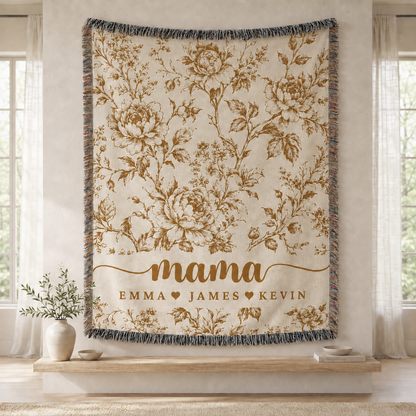 Mama Woven Blanket, Custom Blue Floral Toile Throw with Kids' Names