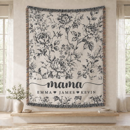Mama Woven Blanket, Custom Blue Floral Toile Throw with Kids' Names