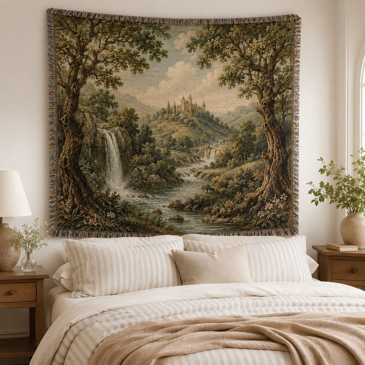 Castle and waterfall landscape woven blanket displayed above a warm cottage bedroom