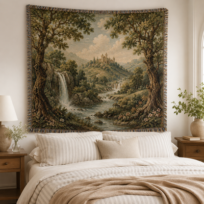 Castle and waterfall landscape woven blanket displayed above a warm cottage bedroom