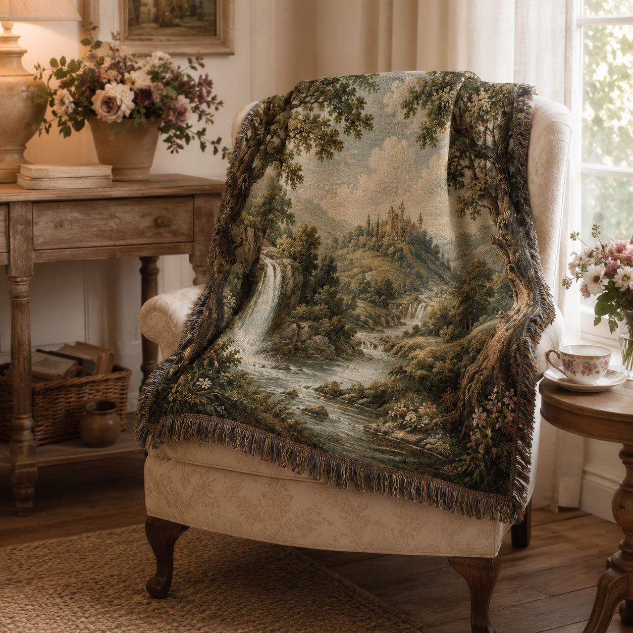 Castle and waterfall landscape woven blanket styled on a cottage armchair