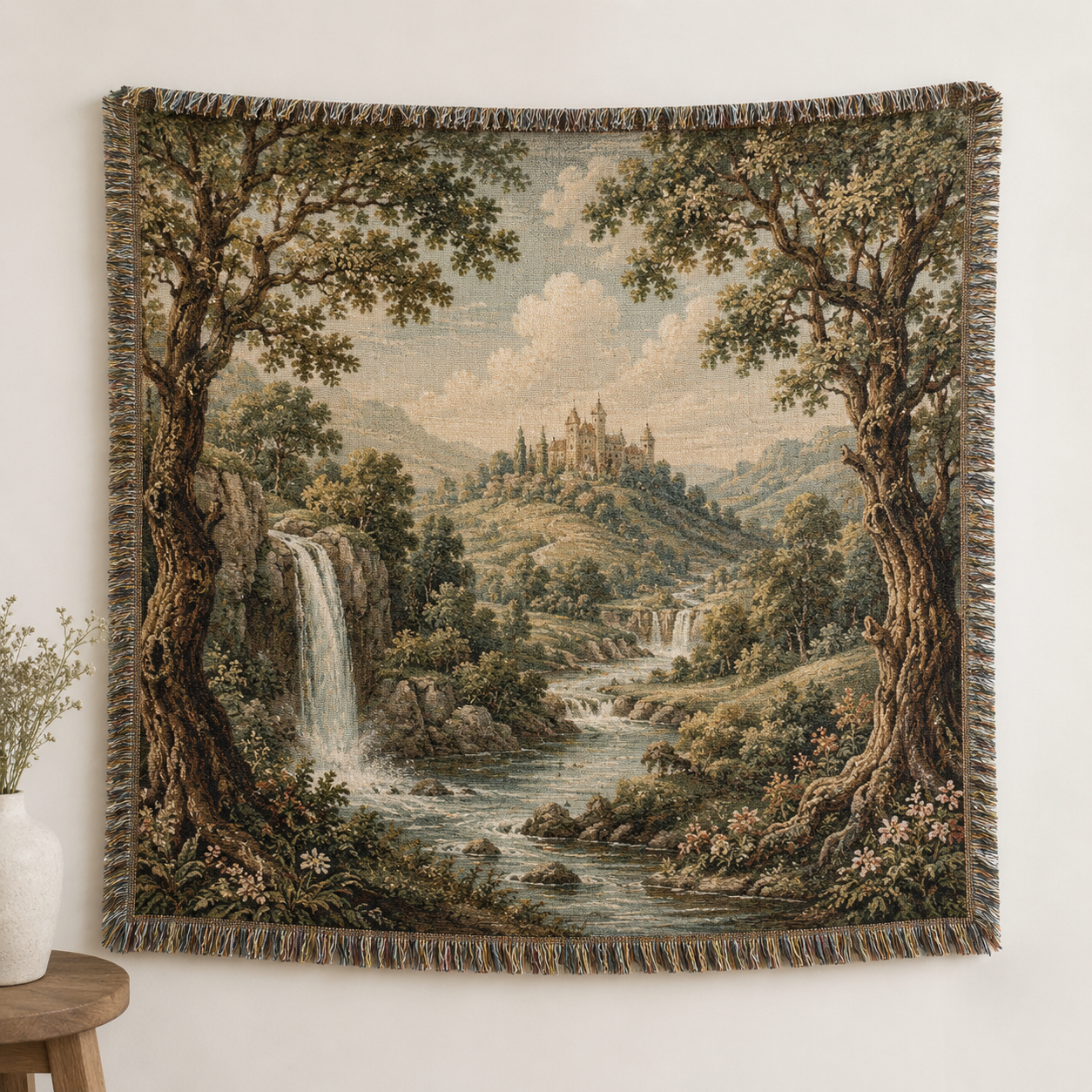 Castle and waterfall landscape woven blanket with vintage European tapestry artwork