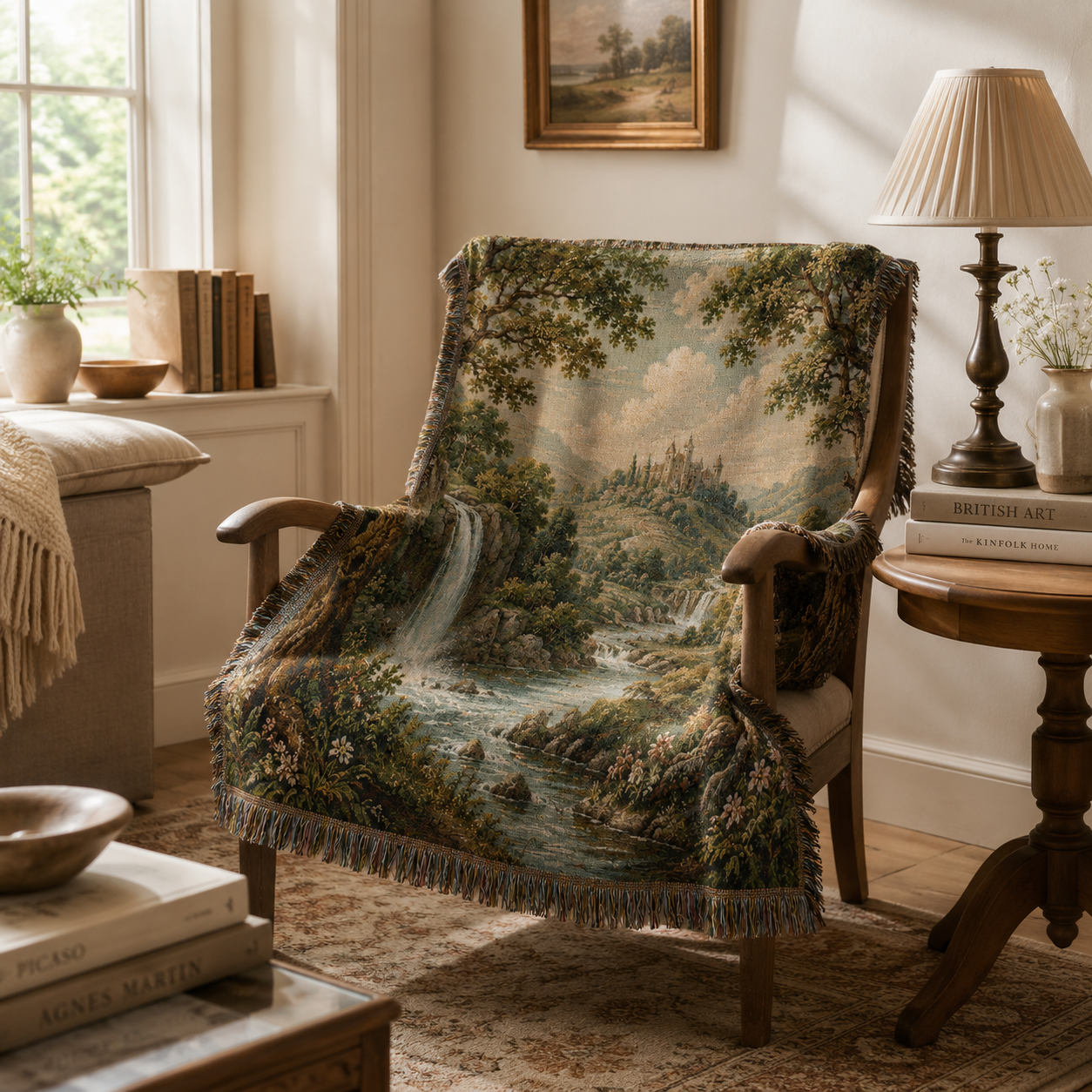 Castle and waterfall landscape woven blanket draped over a wooden reading chair