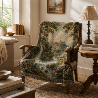 Castle and waterfall landscape woven blanket draped over a wooden reading chair