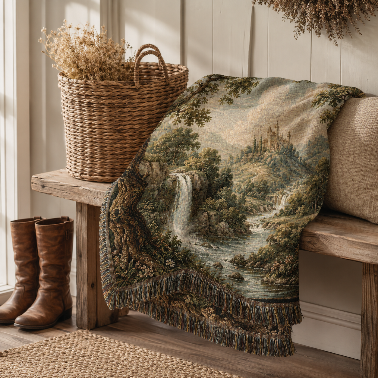 Castle and waterfall landscape woven blanket draped over a rustic wooden bench