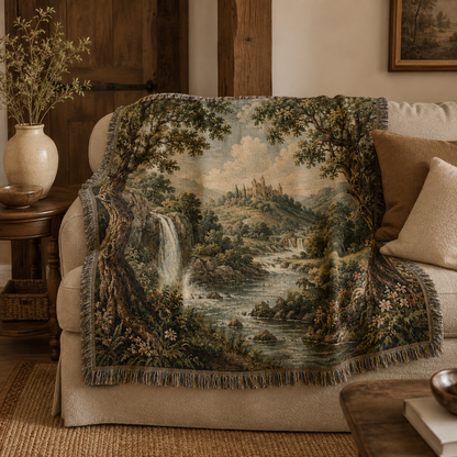Castle and waterfall landscape woven blanket styled on a cream sofa in a rustic living room
