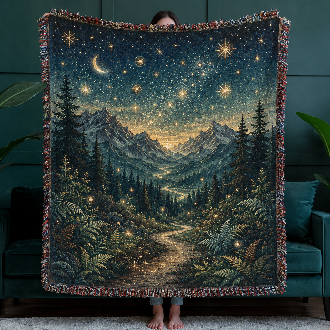 Celestial alpine night woven tapestry blanket with glowing stars, crescent moon, pine forest and mountain valley