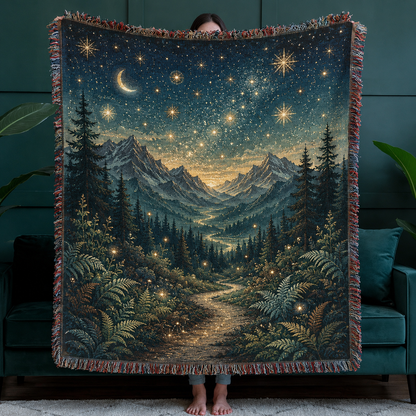 Celestial alpine night woven tapestry blanket with glowing stars, crescent moon, pine forest and mountain valley