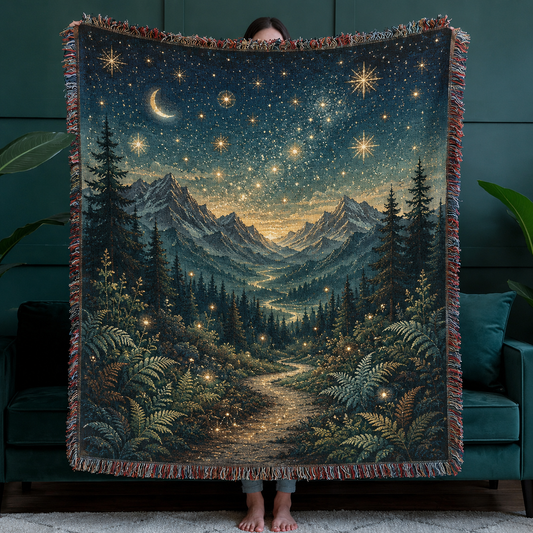 Celestial alpine night woven tapestry blanket with glowing stars, crescent moon, pine forest and mountain valley