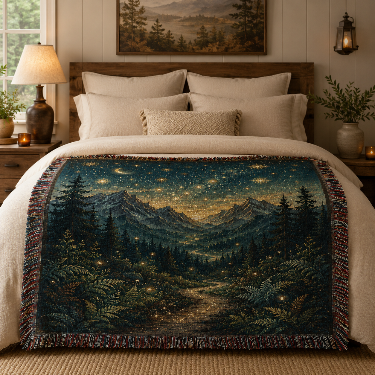Celestial alpine night woven tapestry blanket styled across a cozy rustic bedroom bed
