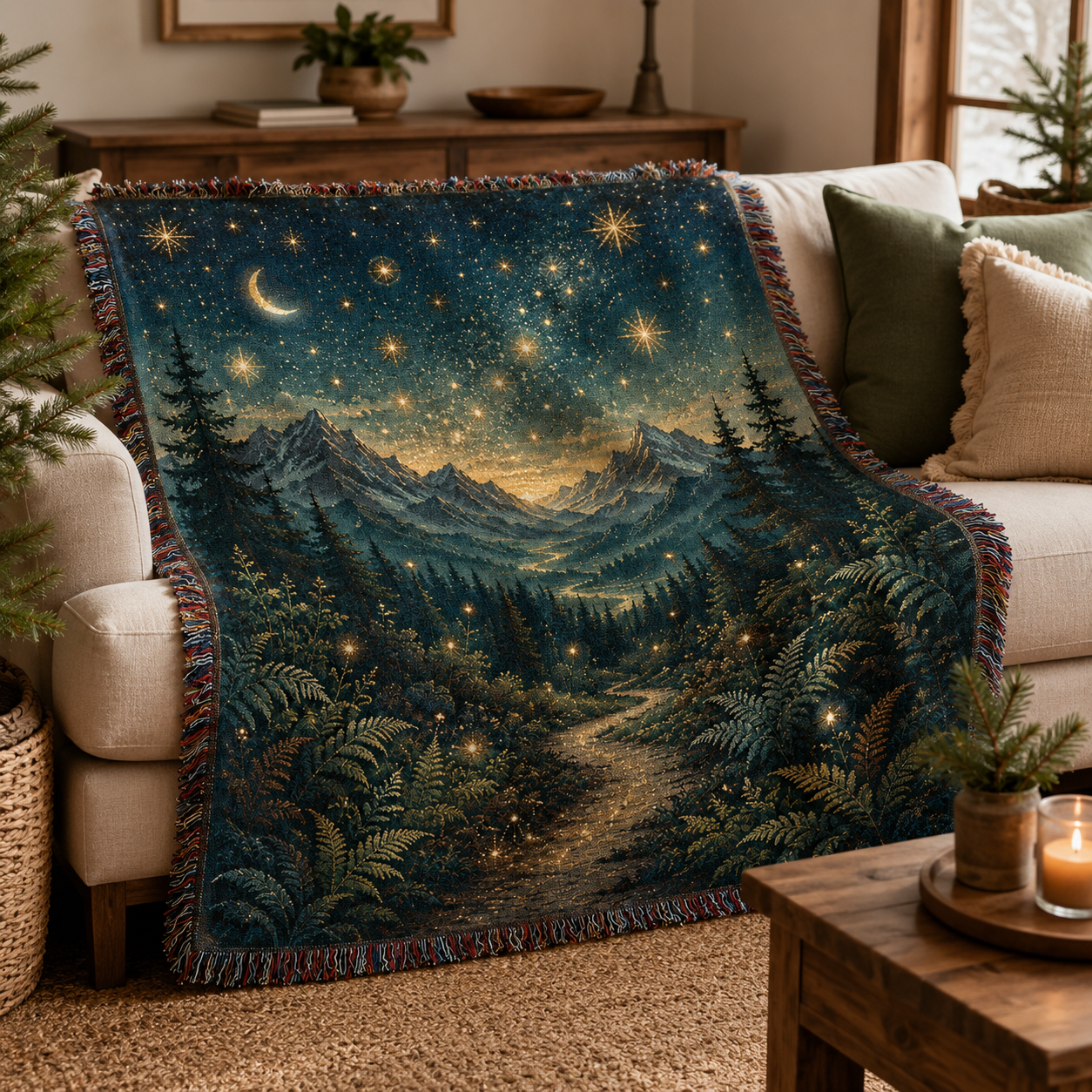 Celestial alpine night woven tapestry blanket draped over a neutral sofa in a warm rustic living room