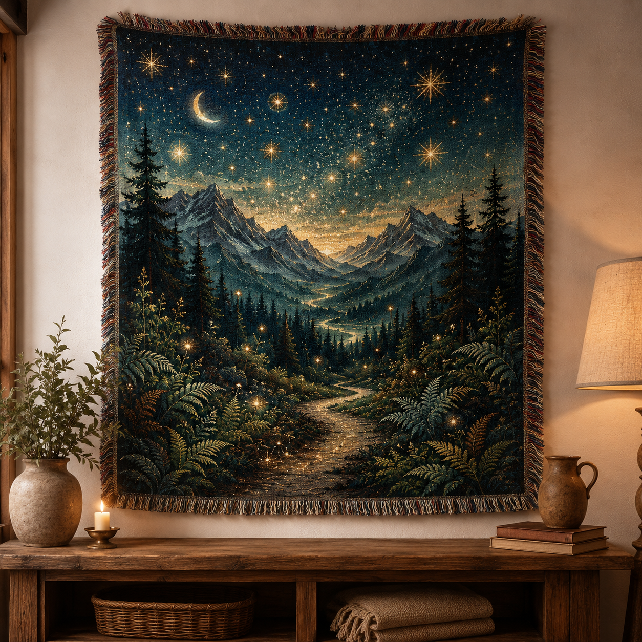 Celestial alpine night woven tapestry displayed as statement wall decor above a rustic wooden console
