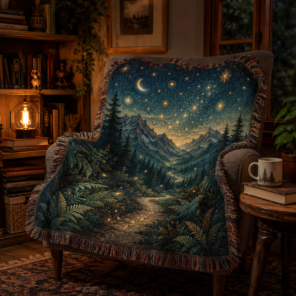 Celestial alpine night woven tapestry blanket draped over a cozy reading chair beside books and warm lamp light