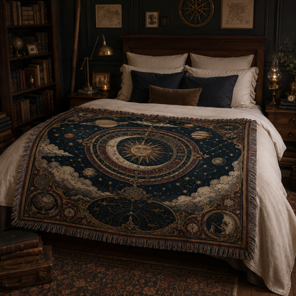 Celestial sun and moon woven throw blanket across a dark academia bedroom bed