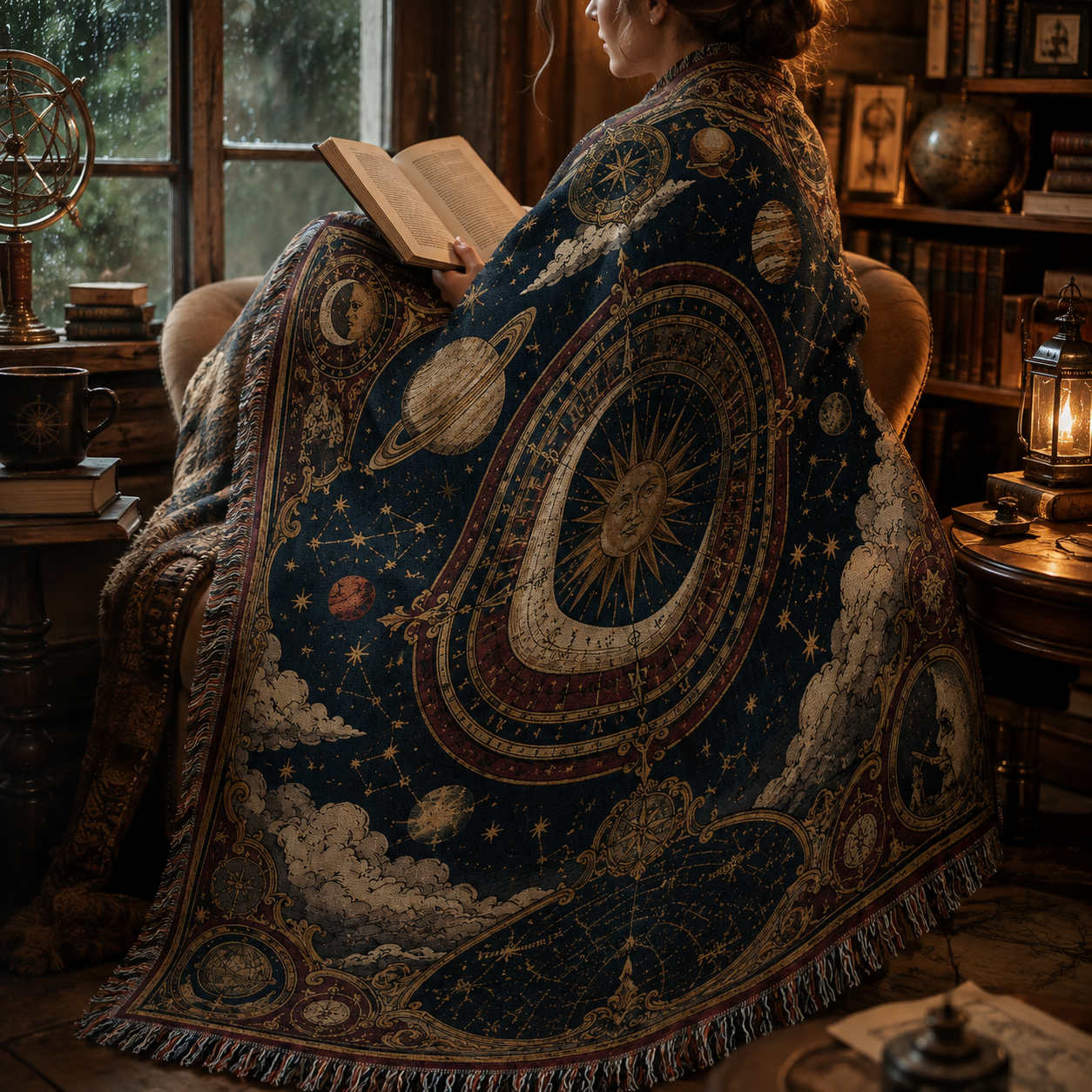 Woman reading while wrapped in a celestial sun moon woven blanket