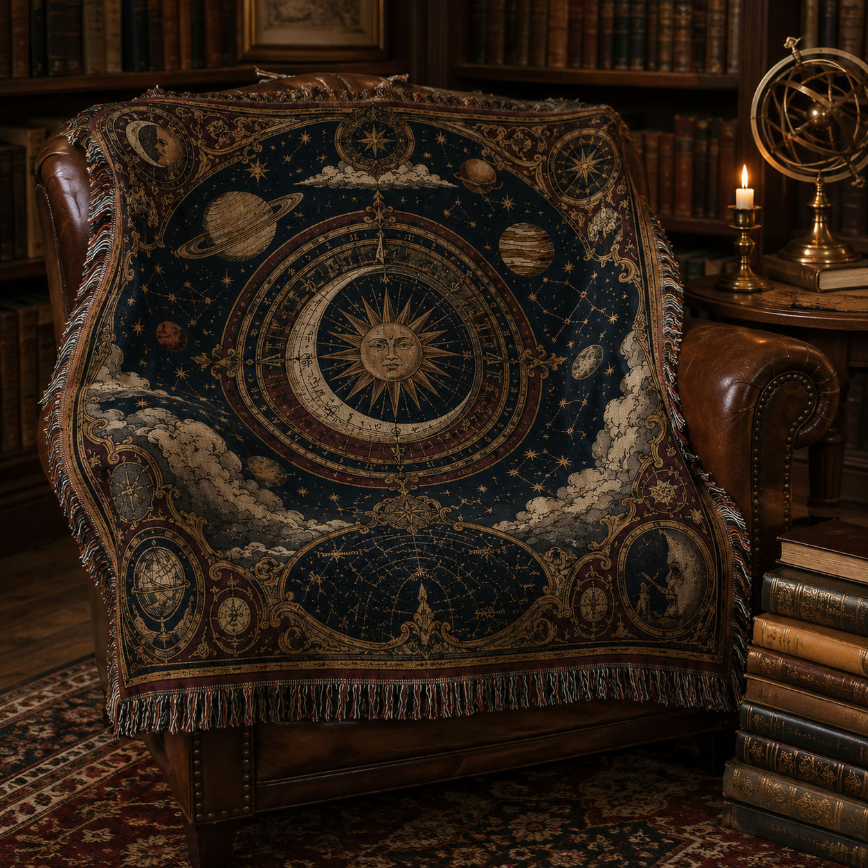 Celestial astrolabe woven throw blanket draped over a leather reading chair