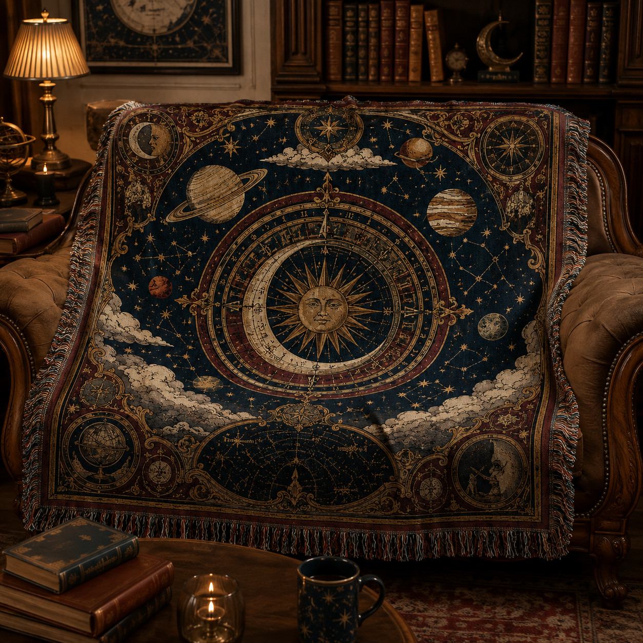 Celestial astrolabe woven blanket styled on a vintage sofa in a dark academia library