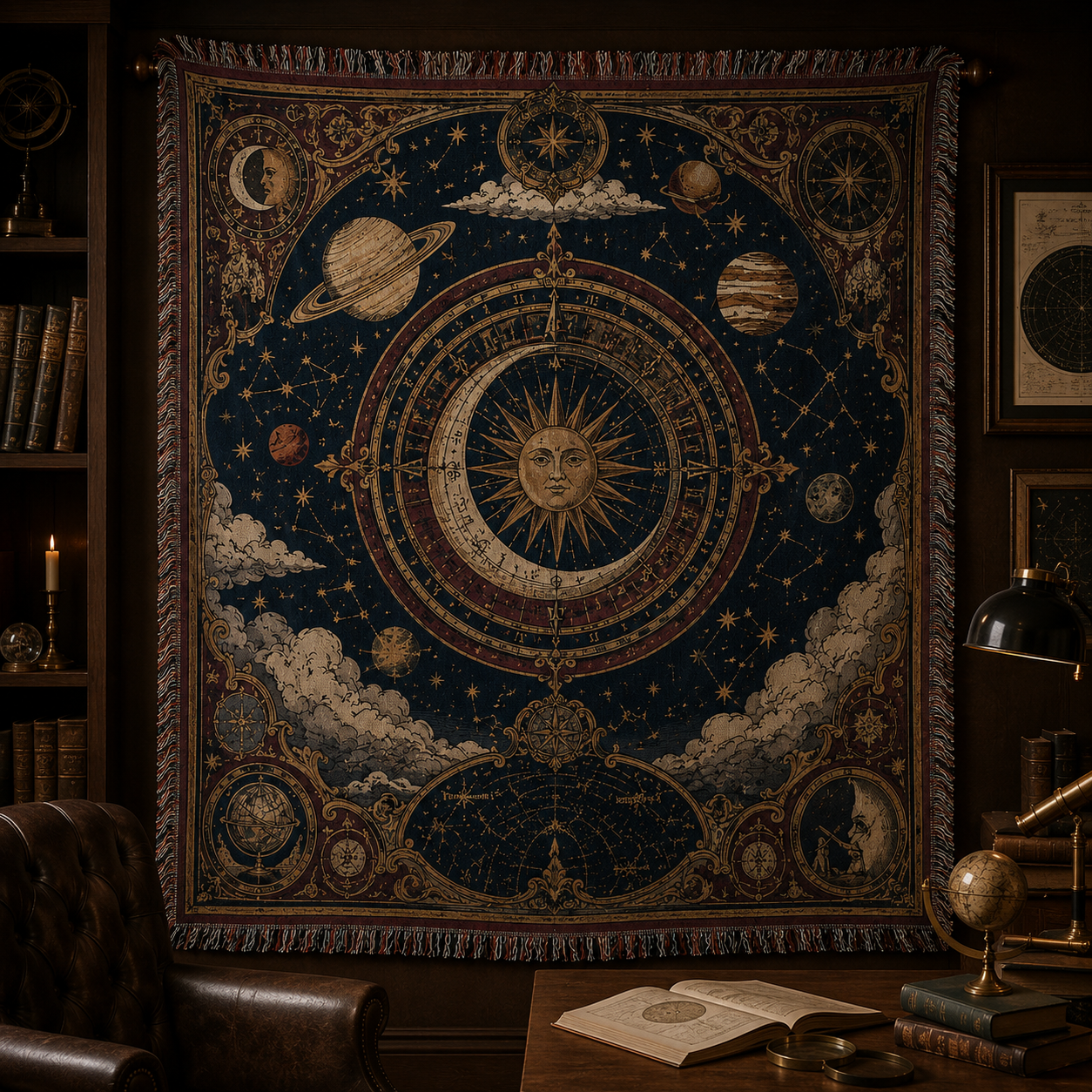 Celestial astrolabe woven blanket displayed as tapestry wall decor in a study