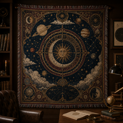 Celestial astrolabe woven blanket displayed as tapestry wall decor in a study