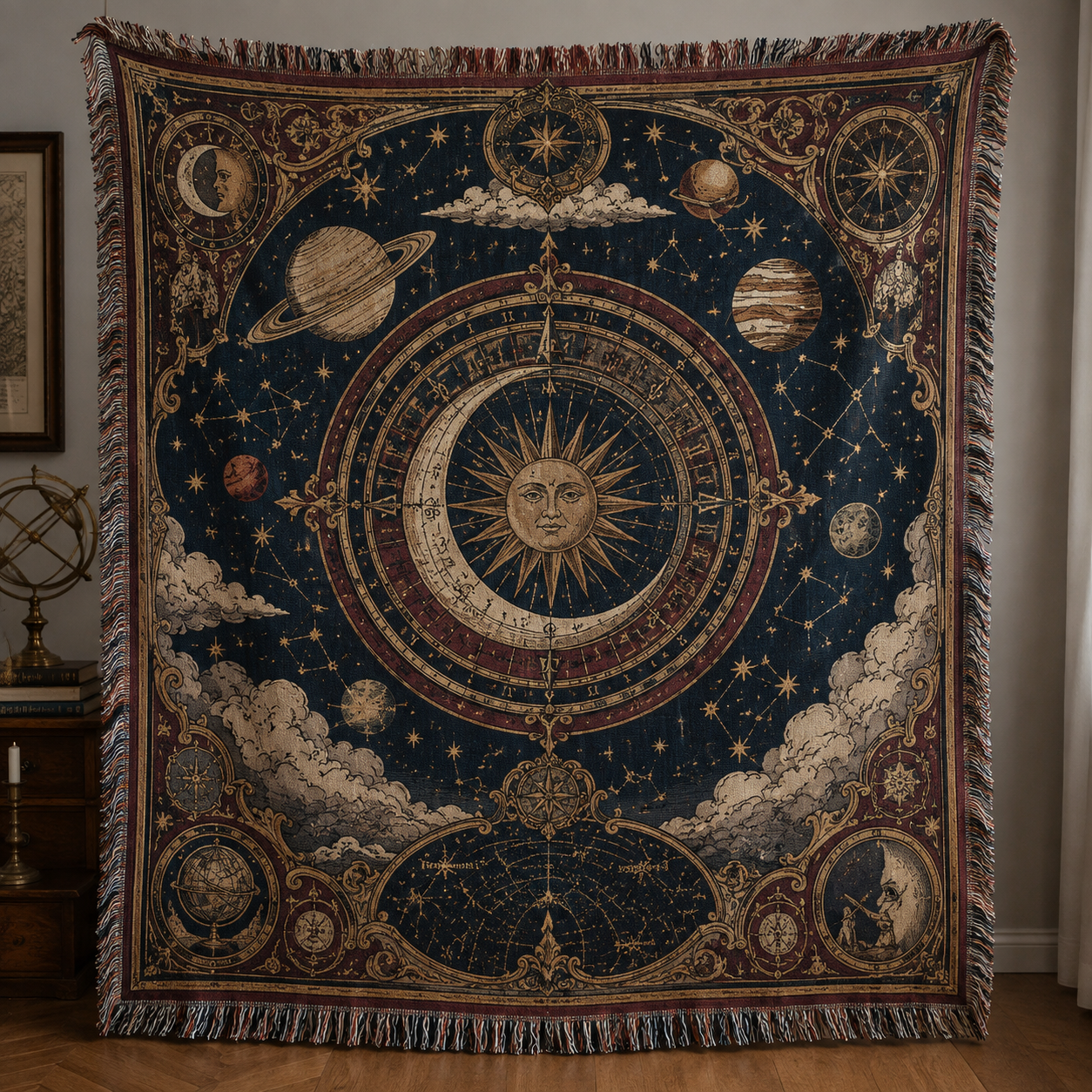 Celestial astrolabe woven throw blanket with sun moon planets and constellations