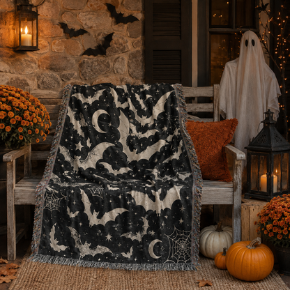 Celestial bat woven Halloween blanket on an autumn porch with pumpkins lanterns and ghost decor
