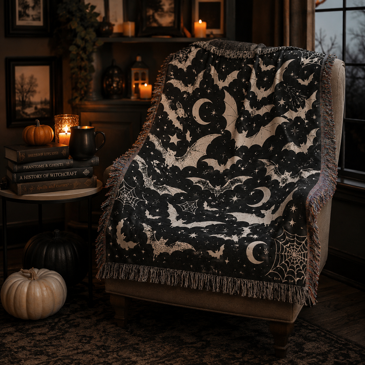 Bat and moon Halloween woven blanket draped over a reading chair with candles and books