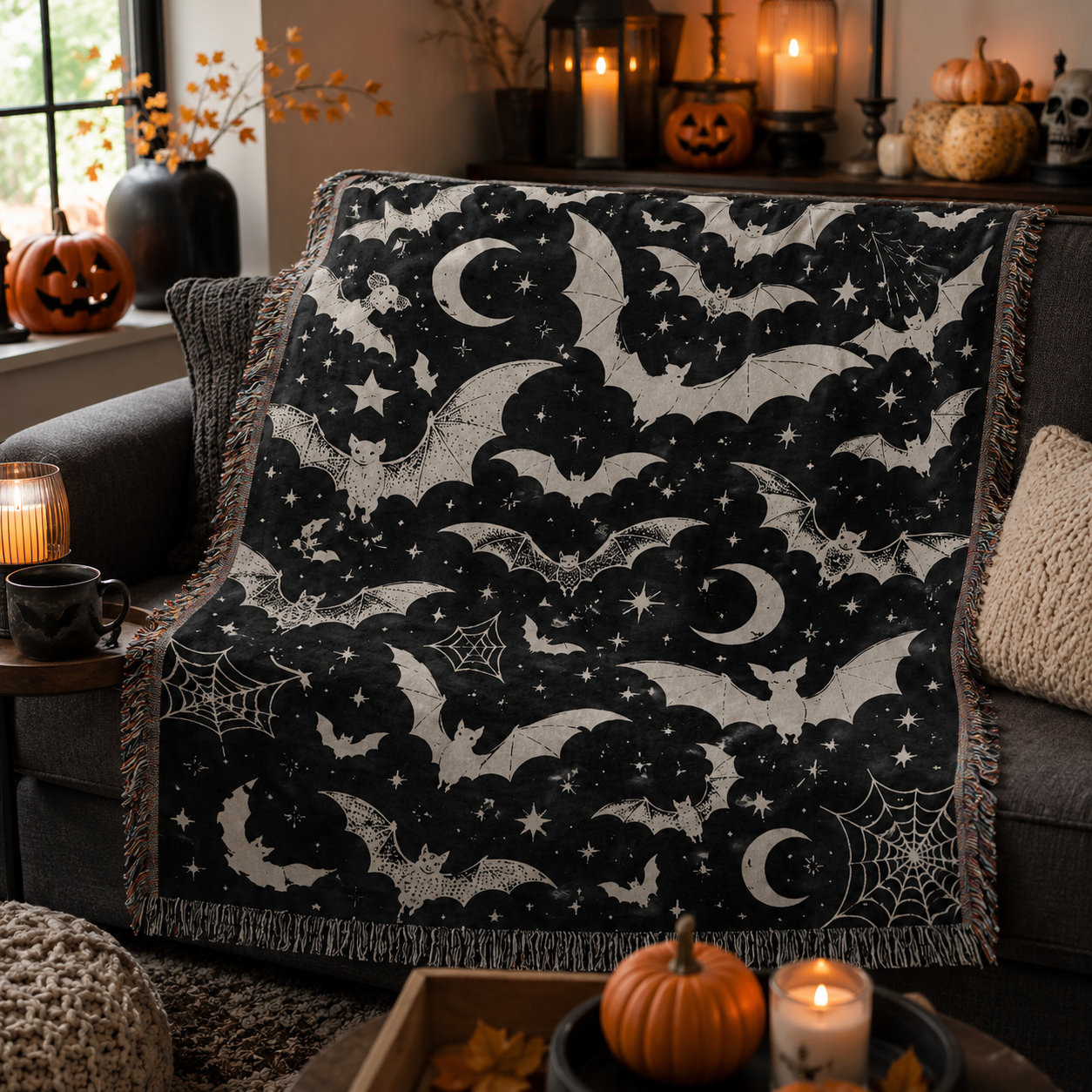 Celestial bat Halloween woven blanket styled on a cozy sofa with pumpkins and candlelight