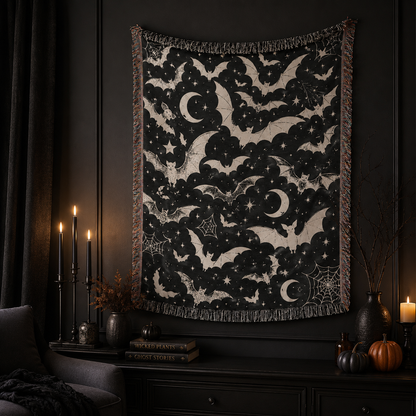 Celestial bat Halloween woven blanket displayed as gothic wall tapestry decor