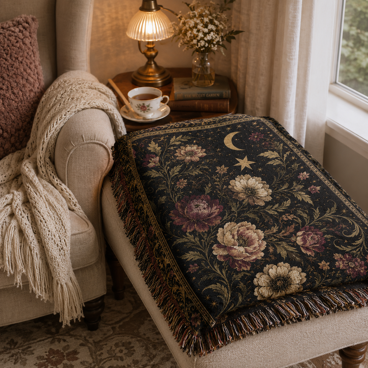 Celestial botanical woven blanket folded on an ottoman in a cozy reading nook with tea and warm lamplight