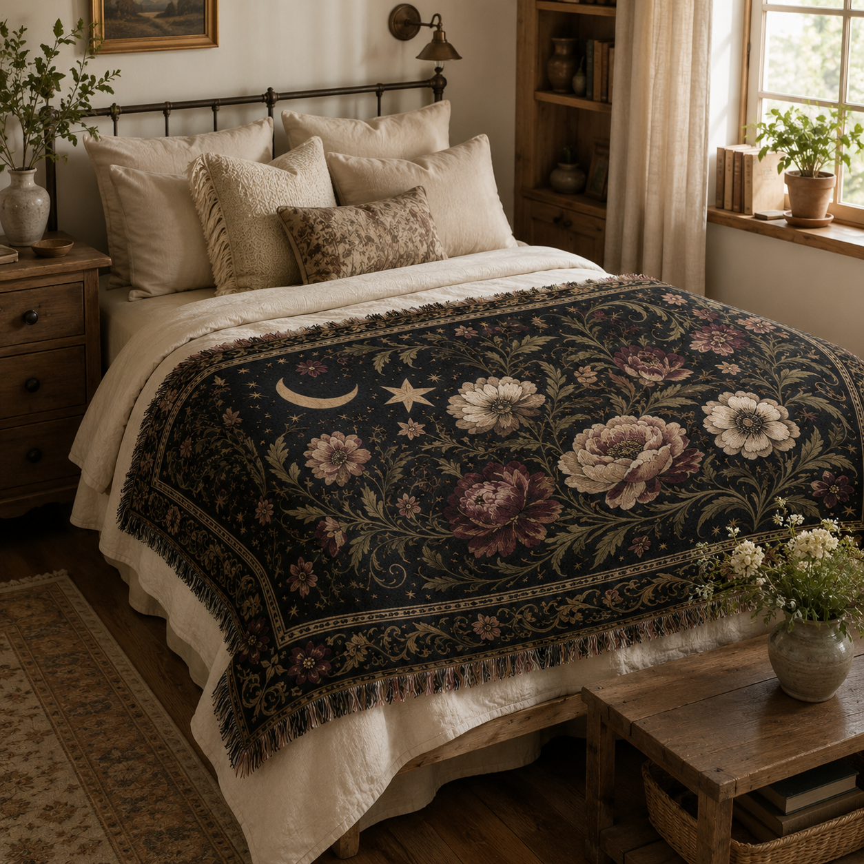Celestial botanical woven blanket styled across the foot of a cozy rustic bedroom bed